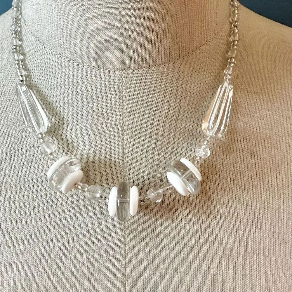 Clear and white glass vintage beaded necklace